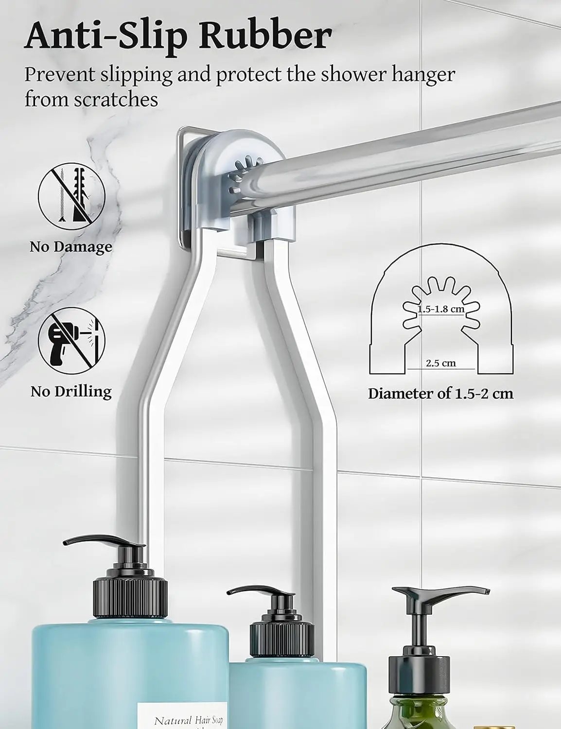 Organizer per doccia sospeso Argento: contenitore in alluminio non arrugginisce mai, scaffale sopra la testa con ganci e portasapone per riporre il bagno