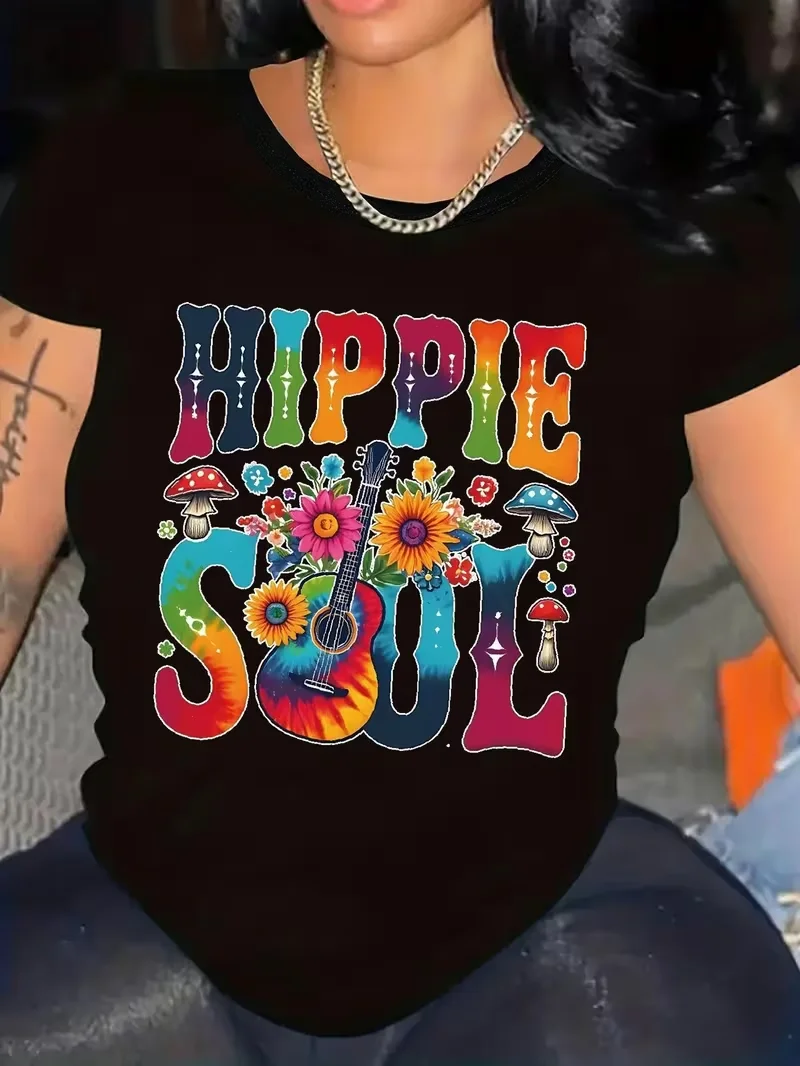 Women's Retro 60s/70s Hippie Style T-Shirt - Psychedelic Flower, Mushroom & Peace Sign Print Vintage Short Sleeve Blouse