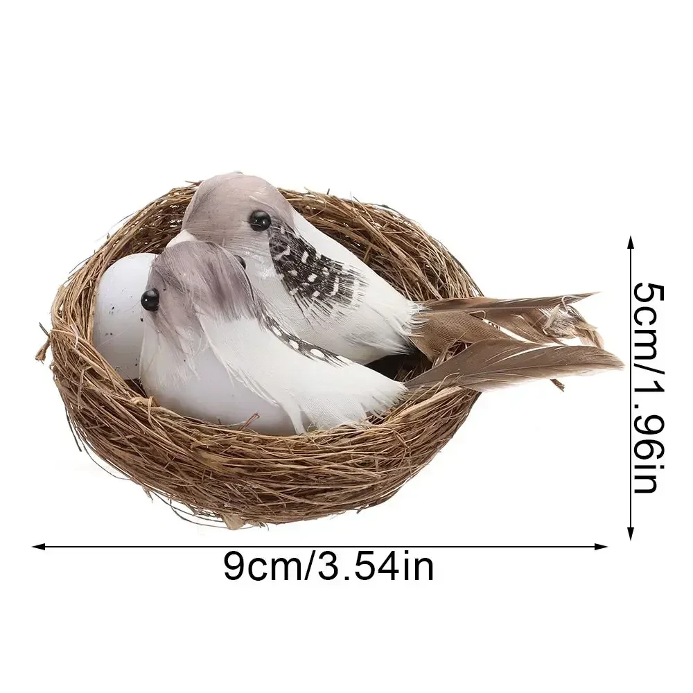 1Set Simulation Bird Realistic Feathered Birds With Nest Bird Egg Artificial Craft Birds Garden Parties Lawn Ornament Home Decor