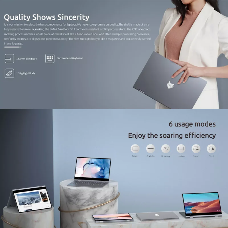 BMAX Y14 2025 360° Laptop 14 Inch Touch Notebook 16GB RAM LPDDR5 512GB SSD Windows 11 1920*1080 IPS Intel N100 Laptops Computer