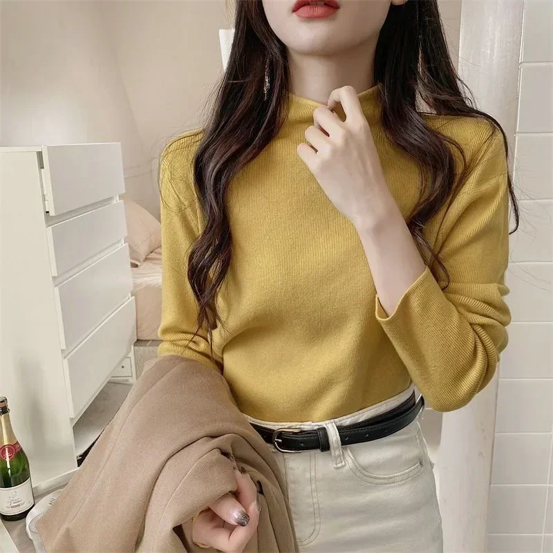 Autumn and Winter Women\'s Half High Collar Solid Color Knitted Sweater Casual Slim Fit Tops Warm Pullovers Black Sweater Jumpers