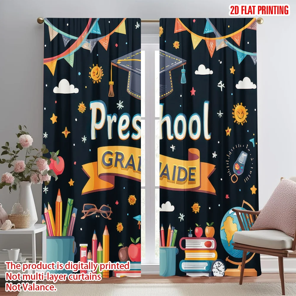 

2D flat printing 2pcs Scene Curtain Preschool Graduation Celebration Digital Printed Polyester Drapes Family Party for Holiday