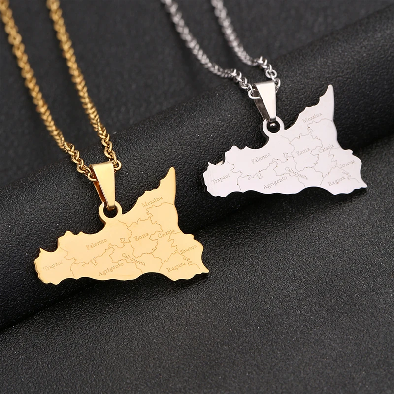 Italy Sicily Map & Cities Name Pendant Necklaces,Silver Color/Gold Ethnic Anniversary Party Jewelry Italian Sicilia Jewelry Gift