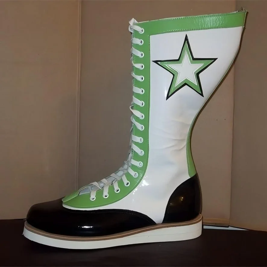Women Y2K Star Print Round Toe Knee High Boots Color Block Patent Leather Lace Up Side Zipper Retro Tall Boots