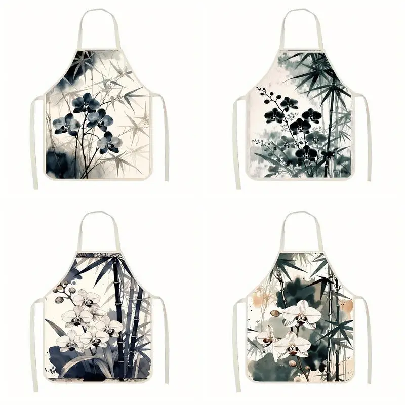 

Orchid & Bamboo Print Linen apron, suitable for kitchen cooking, parent-child interaction, painting and other scenarios