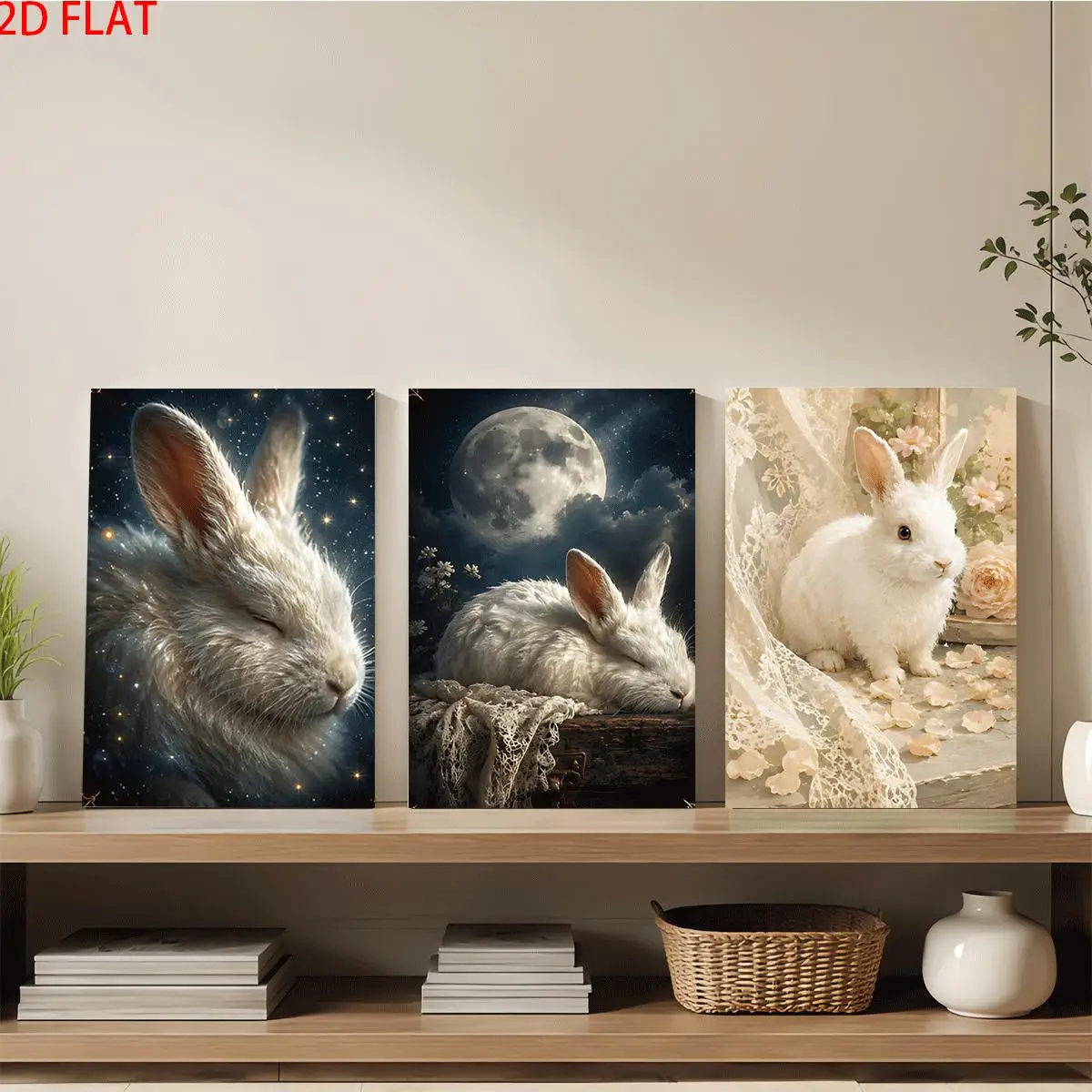 Frameless canvas 2D Flat 3pc Wood Frame Canvas Wall Art – Three paintings of white rabbits in starry moonlit and floral scene