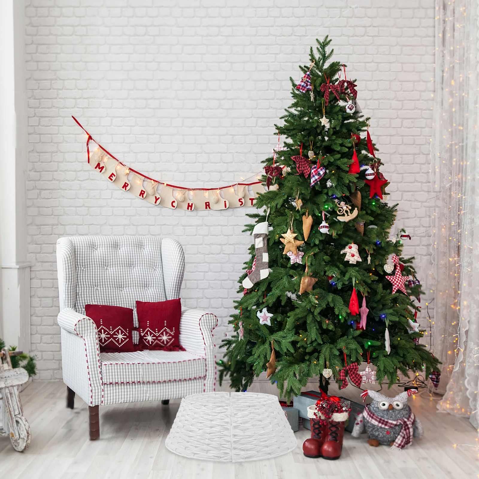 

Christmas Tree Collar Plastic Woven Texture Decorative Base Reusable Xmas Tree Skirt for Home Hotel Shop Xmas Decorations