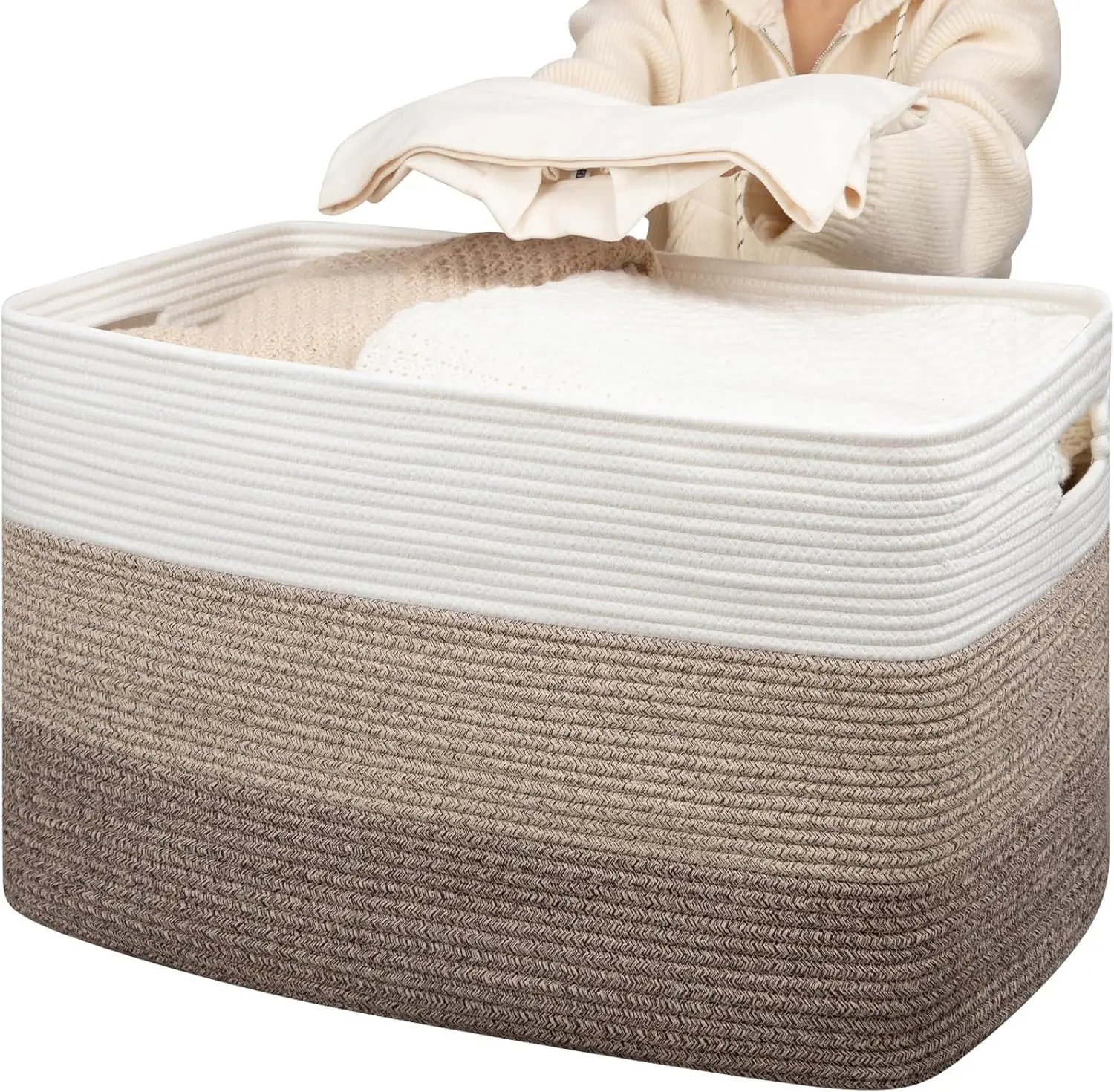 

Extra Large Blanket Basket, Rectangle Woven Cotton Rope Storage for Clothes and Toys, 25" x 17" x 16", Gradient Brown