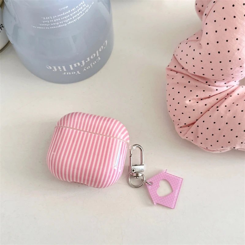 Minimalist Sweet Pink Stripe Hollowed House Pendant Earphone Case Cover for AirPods 2 3 4 Pro 2 Pro 3 Shockproof Protective Case