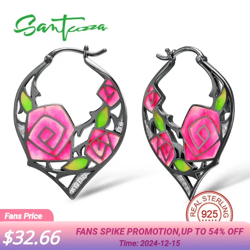 SANTUZZA 925 Sterling Silver Earrings For Women Black Plated Rose Flower Hoop Earrings brincos Gift Fine Jewelry Handmade Enamel