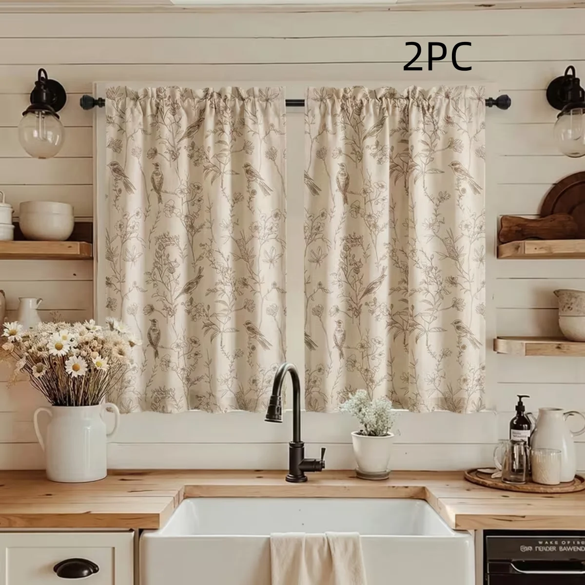 2PC  Light Apricot Sketch Floral Bird Cabinet Curtain, Elegant Print Blackout Half Curtain for B&B Windows
