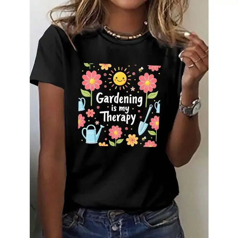

Women Gardening Is My Therapy T-Shirt Funny Gardener Flower Plant Graphic Tee Outdoor Hobby Relaxation Casual Top Gift