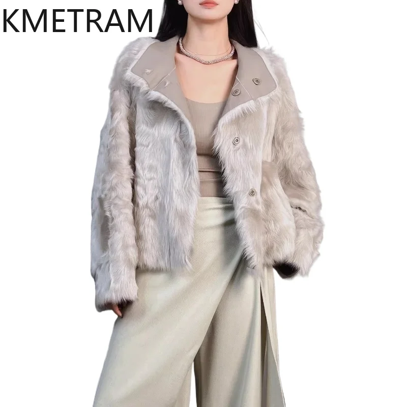 KMETRAM 100% Natural Sheepskin with Wool Attached Jacket Woman Short Reversible Real Fur Coat Winter Clothes 2026 Fourrure