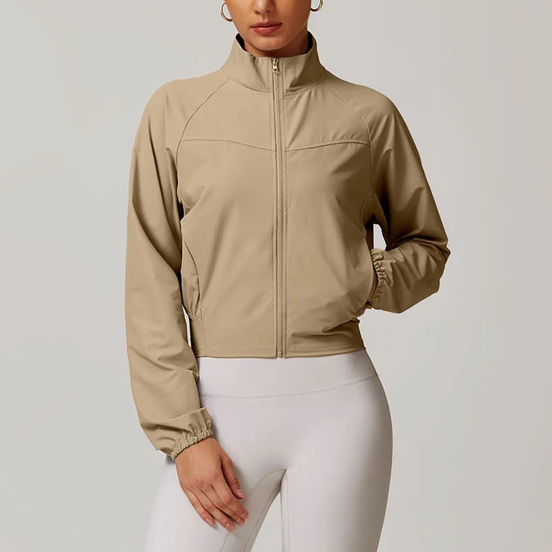 Chaqueta deportiva con cuello levantado para mujer, traje de Yoga de manga larga, delgada, a prueba de viento, para correr al aire libre, Fitness, nueva