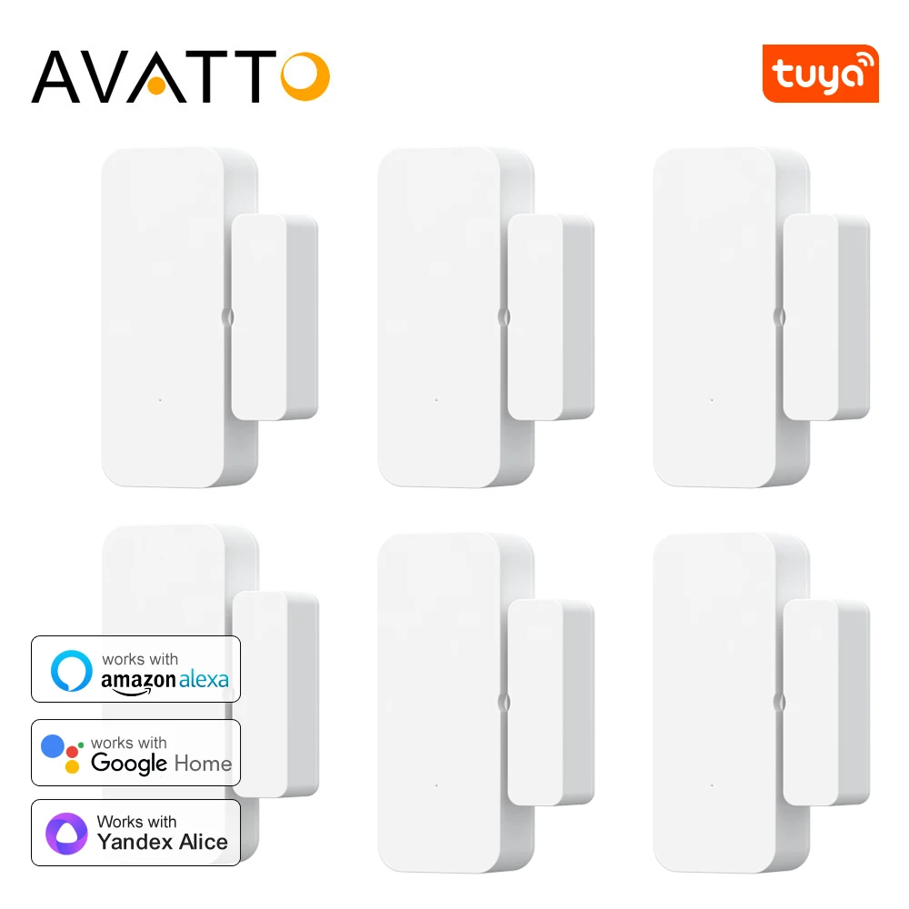 

AVATTO Tuya WiFi 1-6PC Датчик двери Умный детектор двери, окна Домашняя охранная сигнализация Приложение Дистанционное управление работает для Alexa Google Home