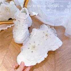 Original Heightened Women Sneakers Soft Soles Lace Flowers Thick Soles Casual PU Shoes Platform Lady Sneakers Party Wedding