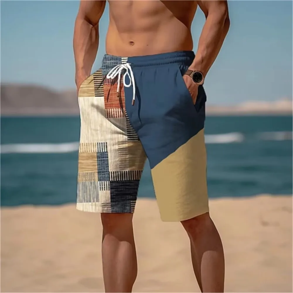 2026 Summer New Men's Color Blocked Patch Printed Casual Outdoor Sports Breathable Quick Drying Beach Mesh Shorts
