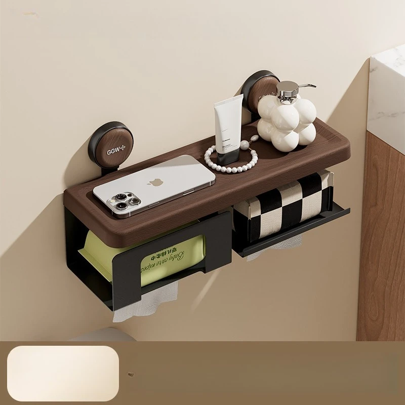 Walnut Wood Tissue Holder Wall Mount No Drill Bathroom Toilet Wall Facial Tissue Storage Organizer Rack Shelf  Toilet Paper
