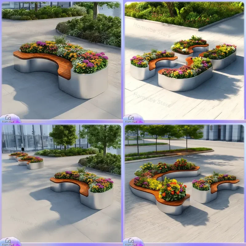 Outdoor Commercial Flower Box Bench Preservative Wood Planter Seat Garden Patio Park Courtyard Pedestrian Street Furniture