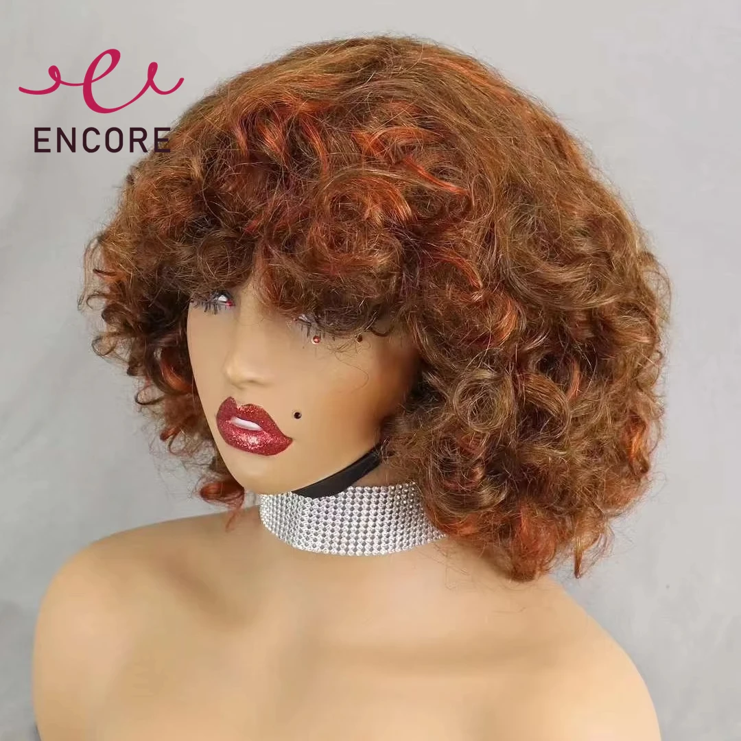 

4/350 Ginger Orange Bouncy Curly Human Hair Wigs 200% Density Short Machine Made Curly Bob Wigs with Bangs PrePlucked for Women