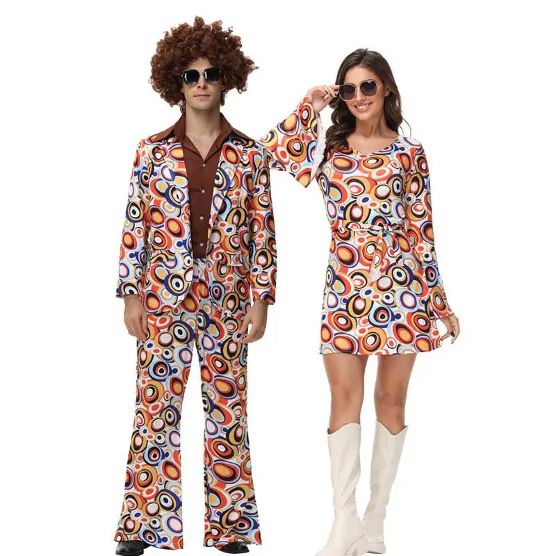 

70s Hippie Costume Set Halloween Retro Party Couple's Hip Hop Pattern Dress Women's Fashion Retro Chinese Style Stage Costume