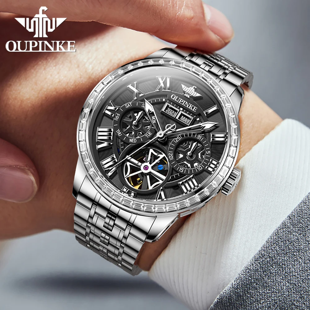 OUPINKE 3252 Men Watch Diamond Bezel Skeleton Calendar Stainless steel Sapphire Mirror Automatic Mechanical Watches