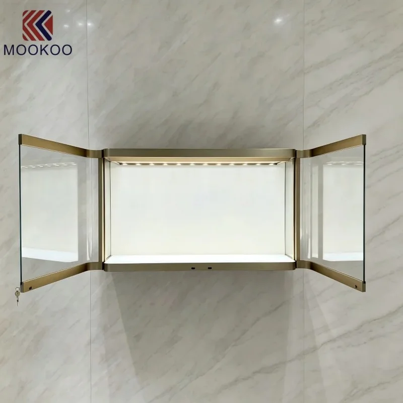 custom.Wall Mounted Lockable Gold Frame Glass Display Cabinet with LED Light Jewelry Boutique