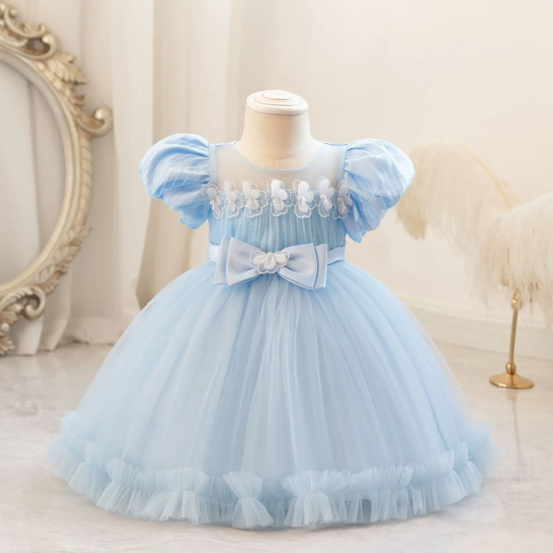 

XMLSY Baby Toddler Puff Sleeves Appliqued Flower Girls Birthday Party Pageant Toddler Formal Dress TT103