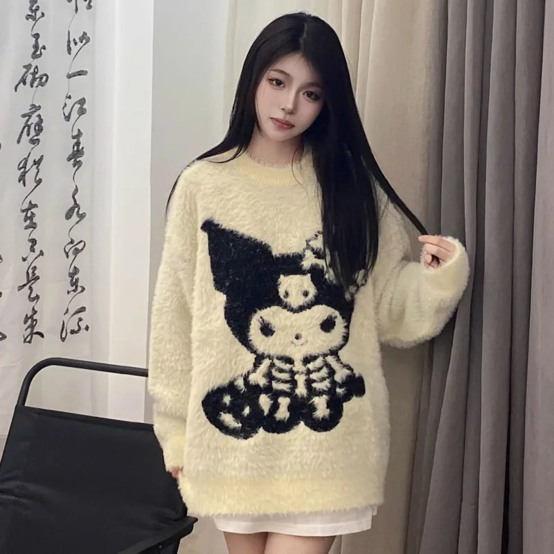 Sanrio Kuromi Sweater Kawaii Cartoon Loose Knitted Pullover Y2k Harajuku High Street Sweatshirt Streetwear Black White Sweaters