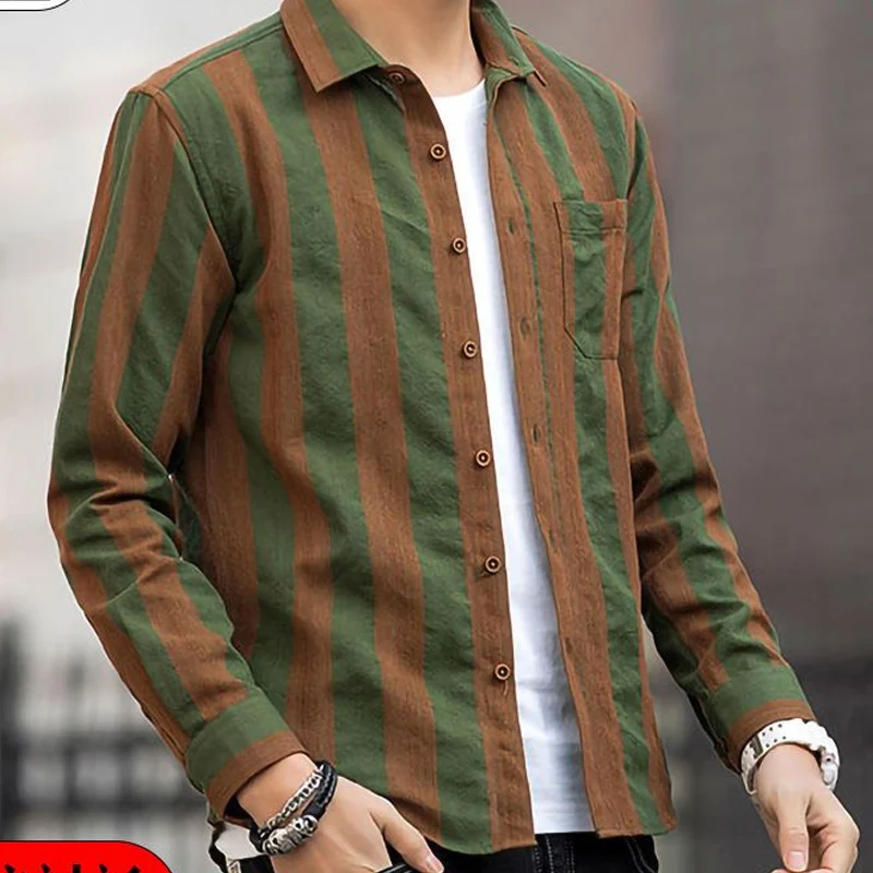 Spring Autumn New Fashion Striped Shirt Man Turn-down Collar Long Sleeve Single Breasted Cardigan High Street Contrast Color Top