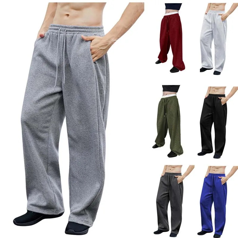 

Men's Gray Wide Leg Long Drawstring Casual Joggers Oversized Urban Curved Blade Wide-leg Loose Sweatpants with Pockets Trousers