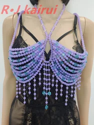 RJ Fashion Sexy Metal Acrylic Neck Body Top Purple Blue Beads Halter Masquerade Stage Party Bra Jewelry Accessories