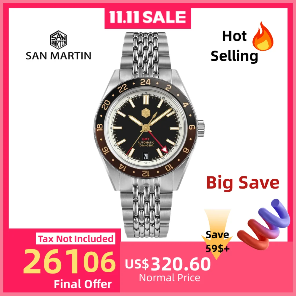 

San Martin 39,5 мм, ограниченная серия, автоматические мужские часы с полным люмовым циферблатом, NH34 GMT, 6 часов, дата, 10 бар, роскошные Kol Saati SN0116W