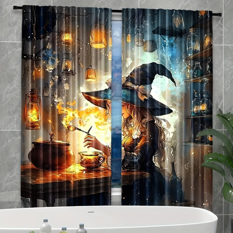 2PCS Digital Printed Curtains, Skull Skeleton Head Pattern, Thermal Style Rod Pocket Drapes for Bedroom Living Room Decor