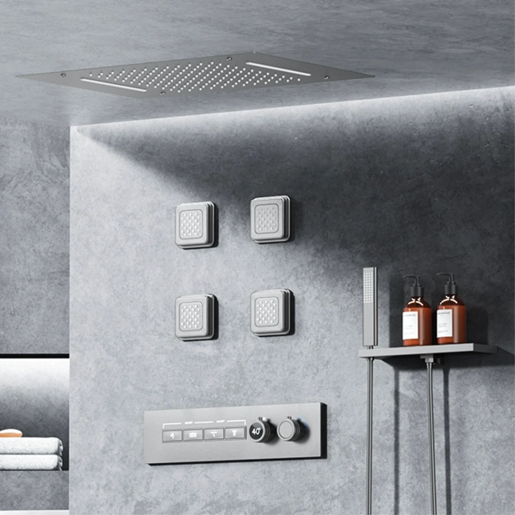 Luxury Gun Gray Brass Shower System, Ceiling Design Hidden Led Display, Dual Control Hot Cold Bathroom Faucet