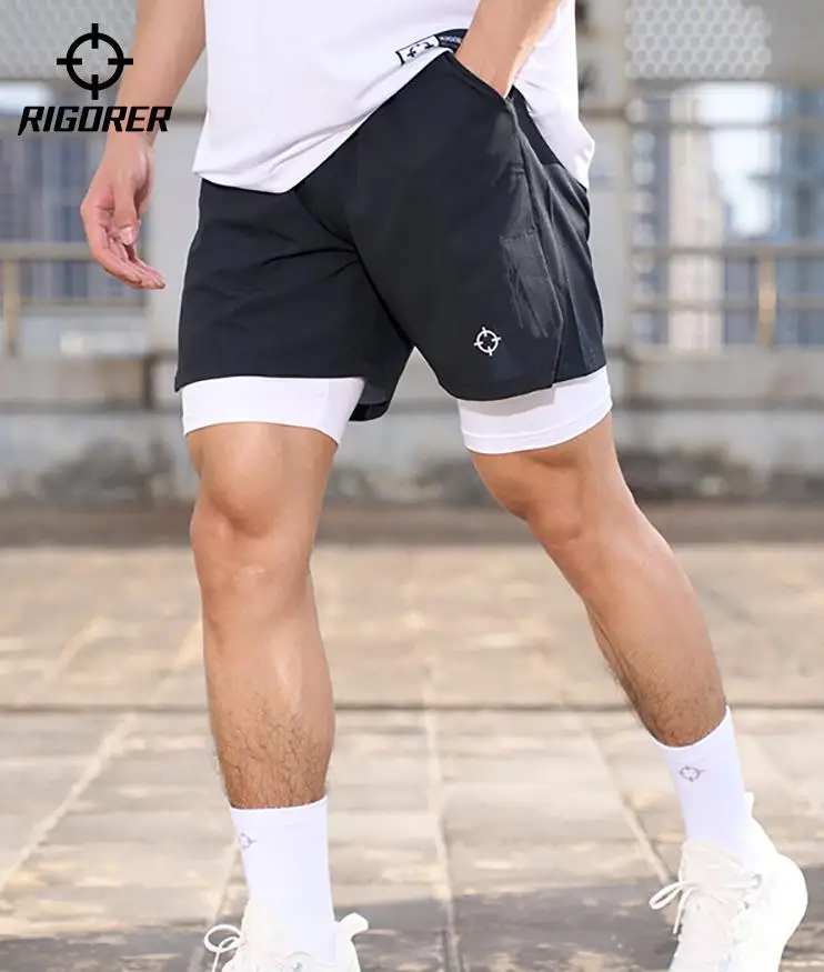 

RIGORER Woven Fake Two-piece Sports Shorts Summer Men's Quick-drying Breathable Basketball Compression Pants Fitness Shorts