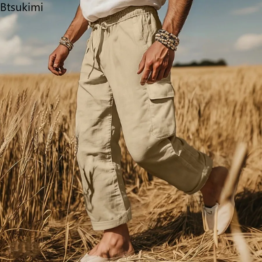 

New Men's Cargo Pants Retro Cotton Linen Casual Pants Spring Summer Breathable Thin Loose Beach Pants Men Sport Joggers Trousers