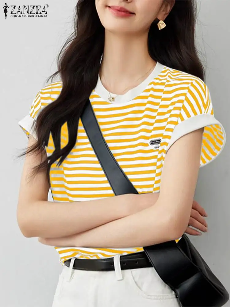 

Стильная повседневная офисная рубашка ZANZEA, модная летняя полосатая блузка, женские топы с круглым вырезом и коротким рукавом, женские праздничные блузки