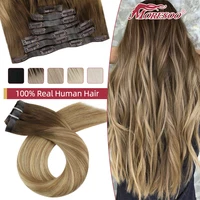Moresoo PU Clip en extensiones Cabello humano real Recto Sin costuras Invisible 7 piezas Balayage Ombre # Máquina 3/8/22 Cabello Remy Natural