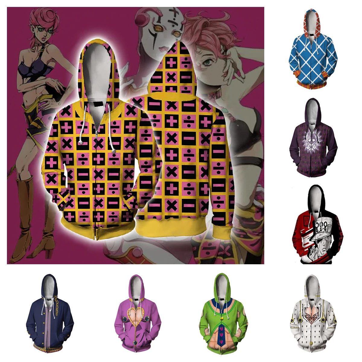 Anime JoJo's Bizarre Adventure Hoodies Kujo Jotaro Cosplay Sweatshirt Giorno Giovanna 3D Printing Jacket Zipper Hooded Clothes