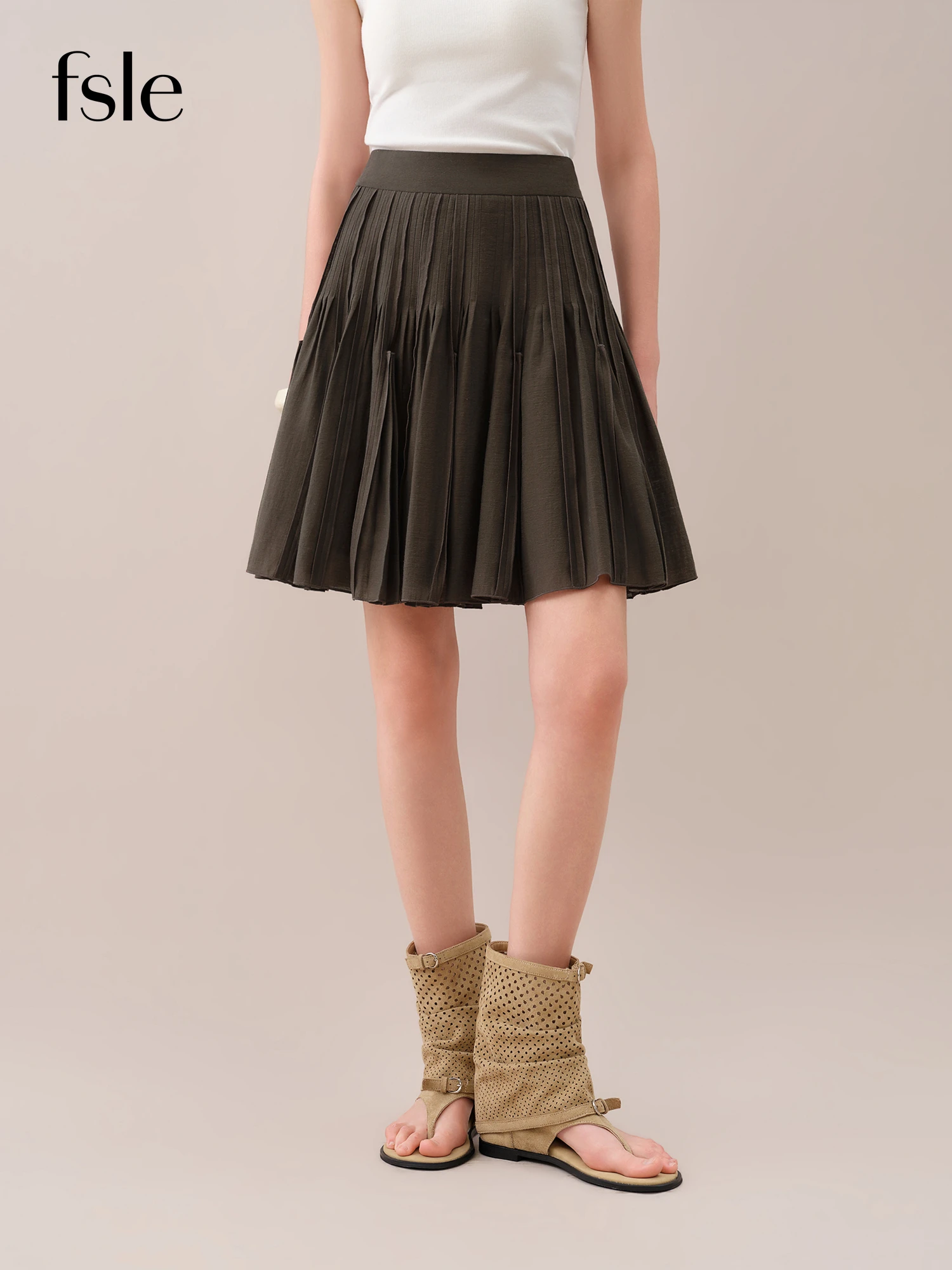 FSLE【Premium Series】2026 Summer Women  Acetate Linen Blend Pleated A-Line Skirt High Waist Vintage Short Skirt Soft Elegant