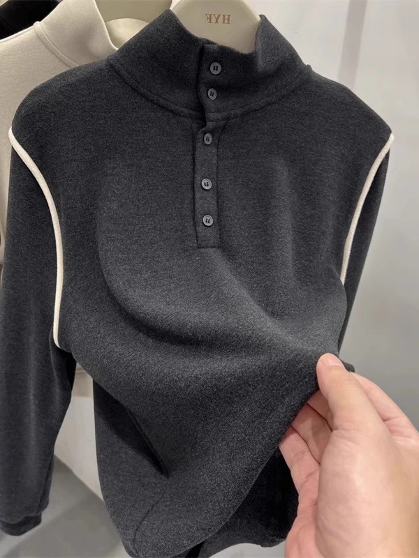 Retro Thiened Fce damessweater herfst winter losse casual lange Sve-pullover zachte brued gevoerde veelzijdige top