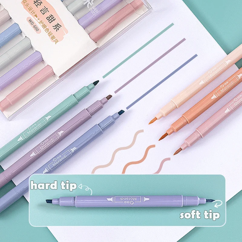 6 pcs/set Double Tip Colores Highlighter Pens Kawaii Manga Pastel Gel Marker Set Journal Art Stationery Supplies