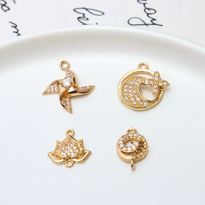 1pcs Diy Jewelry Accessories Copper Zircon Pinwheel Fan-shaped Lotus Flower Double Pendant Earrings Necklace Material Charms