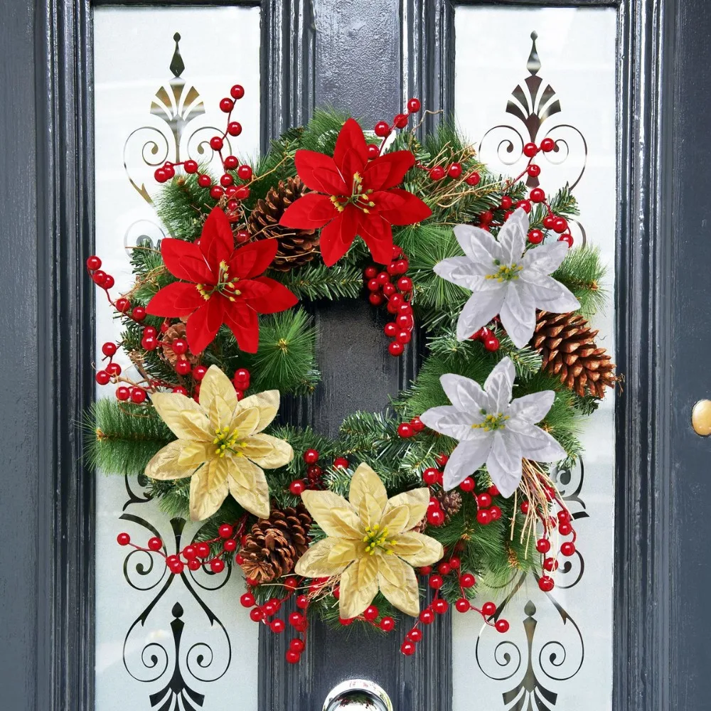 10/1 قطعة عيد الميلاد البونسيتة الزهور الاصطناعي الأحمر روز رؤساء زهرة شجرة عيد الميلاد الحلي للمنزل نافيداد السنة الجديدة الديكور #3