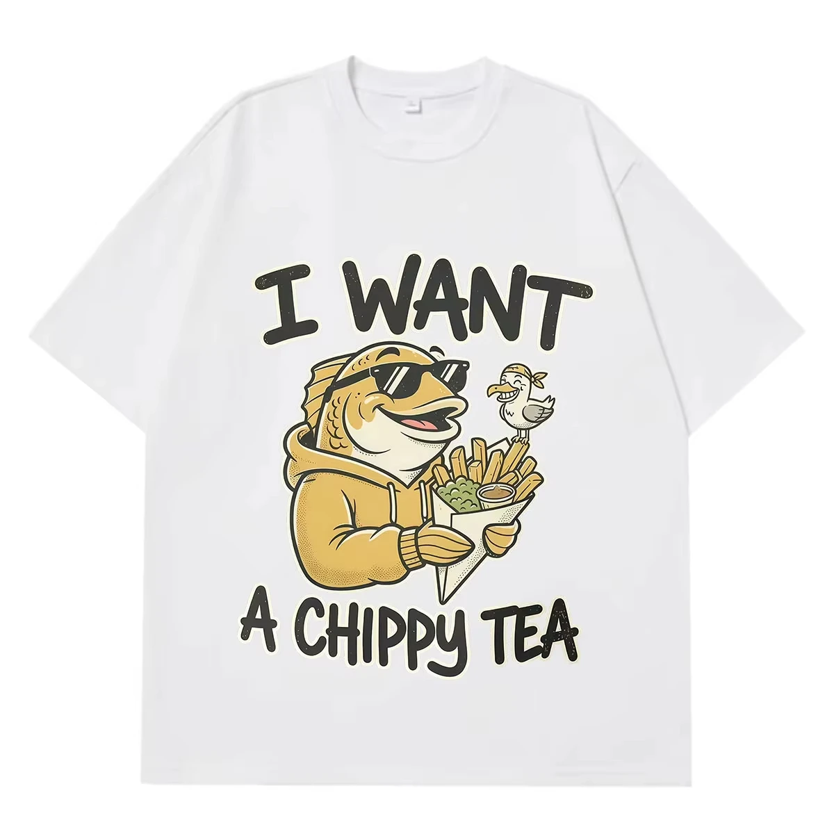 I Want A Chippy Tea Funny Fish and Chips Meme T-shirt Men Women Vintage Fashion T-shirt Short-sleeved Loose Cotton T-shirts Tops