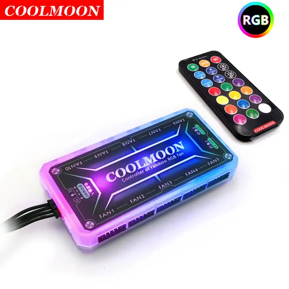 

Пульт дистанционного управления Coolmoon RGB, 12 В постоянного тока, 5 А, светодиодный умный контроллер вентилятора с 10 шт. 6-контактными портами вентилятора, 2 шт., 4-контактные стандартные штекеры