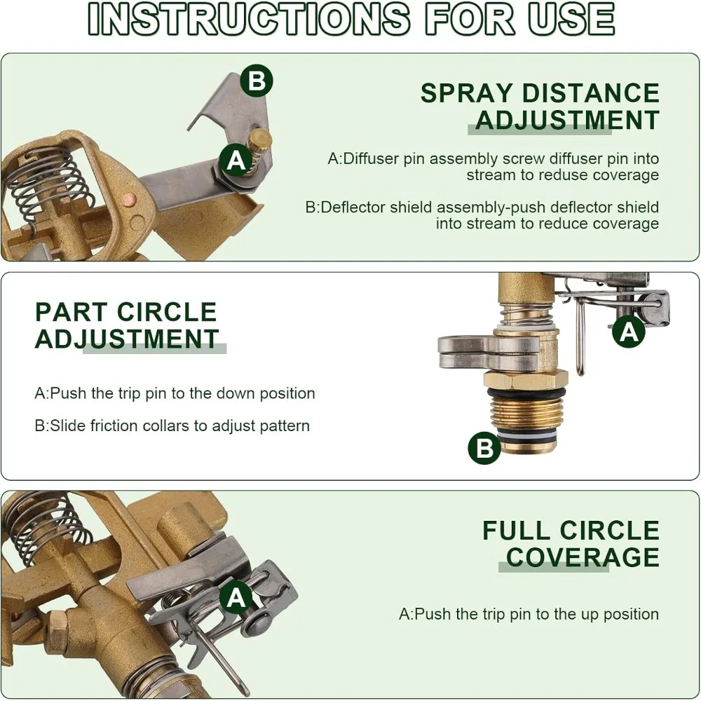 irrigatore ad impatto in ottone, irrigatori in ottone resistenti per giardino con prato, regolabile 20 °   - 360 °   modello, distanza di spruzzo 20' - 41'