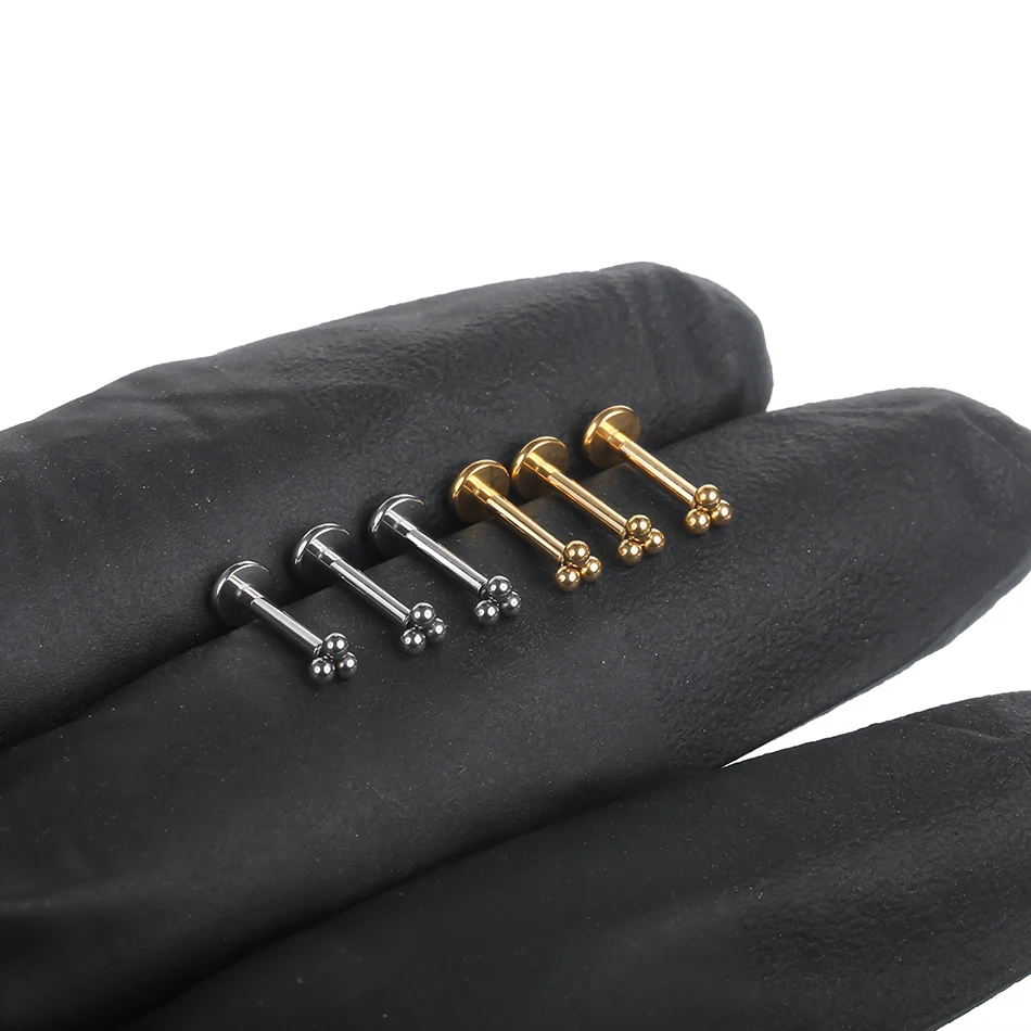 Titanium Labret Stud Lip Ring Piercings Gold Color 3 Balls Ear Studs Conch Cartilage Tragus Helix Lobe Piercings Nariz Jewelry