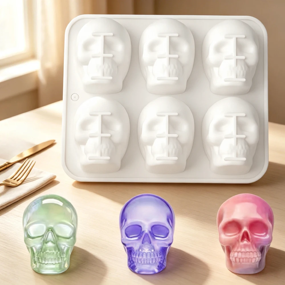 6-Part Skull Silicone Mold for Mousse Cake Halloween Chocolate Pudding Dessert Ice Cube Tray Skeleton Head Cooking Baking Tool view 4